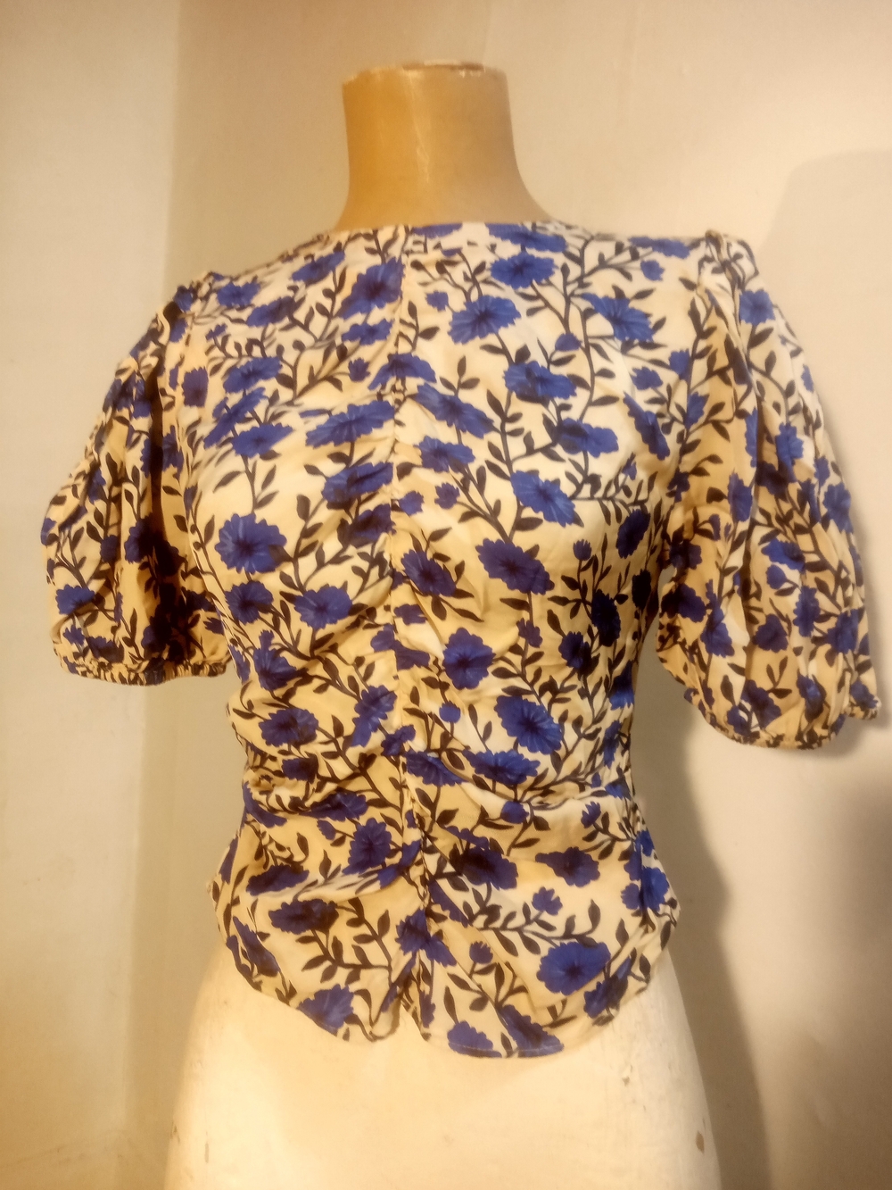 J. Crew Cream Blouse with Blue Floral Pattern and Puff Sleeves